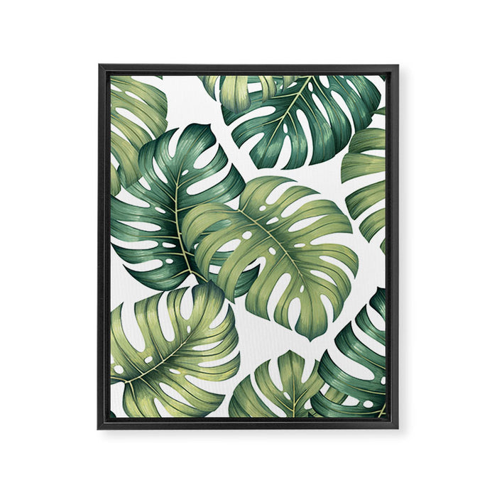 Monstera botanical leaves illustration pattern on white Framed Canvas Print Gallery Image 1