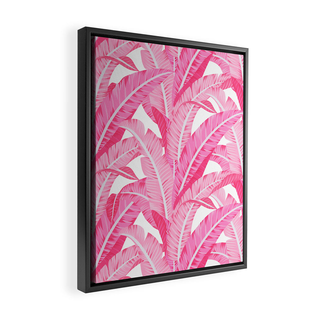 Pink banana leaves tropical pattern on white Framed Canvas Print Gallery Image 2
