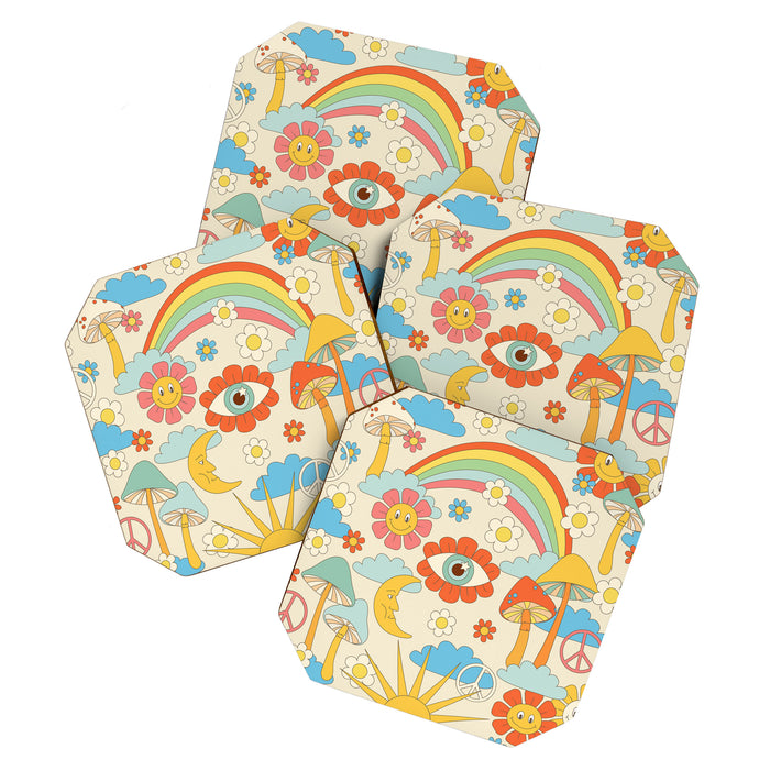 retro fantasy , boho mushroom rainbow trip Coaster Gallery Image 1