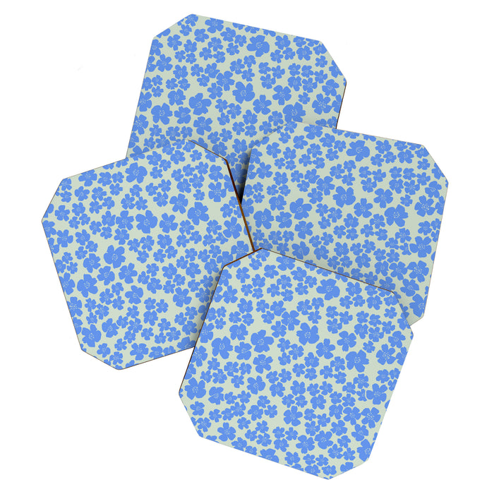 Blue flower blossom scatter on soft green Coaster Gallery Image 1