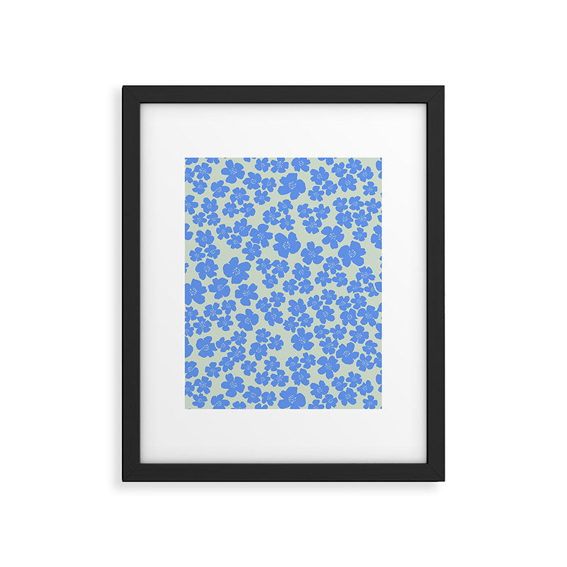 Blue flower blossom scatter on soft green Framed Art Print Gallery Image 6