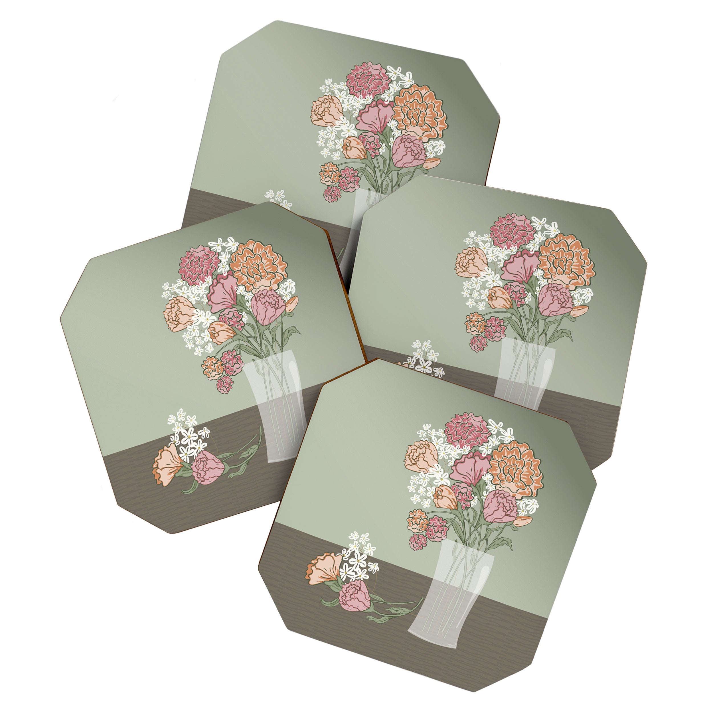 Botanical Green Garden Bouquet in Glass Vase Coaster Gallery Image 1