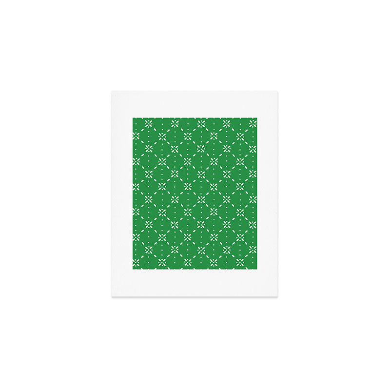 Christmas snowflake vector with simple modern white stitches on green background pattern Art Print Gallery Image 1