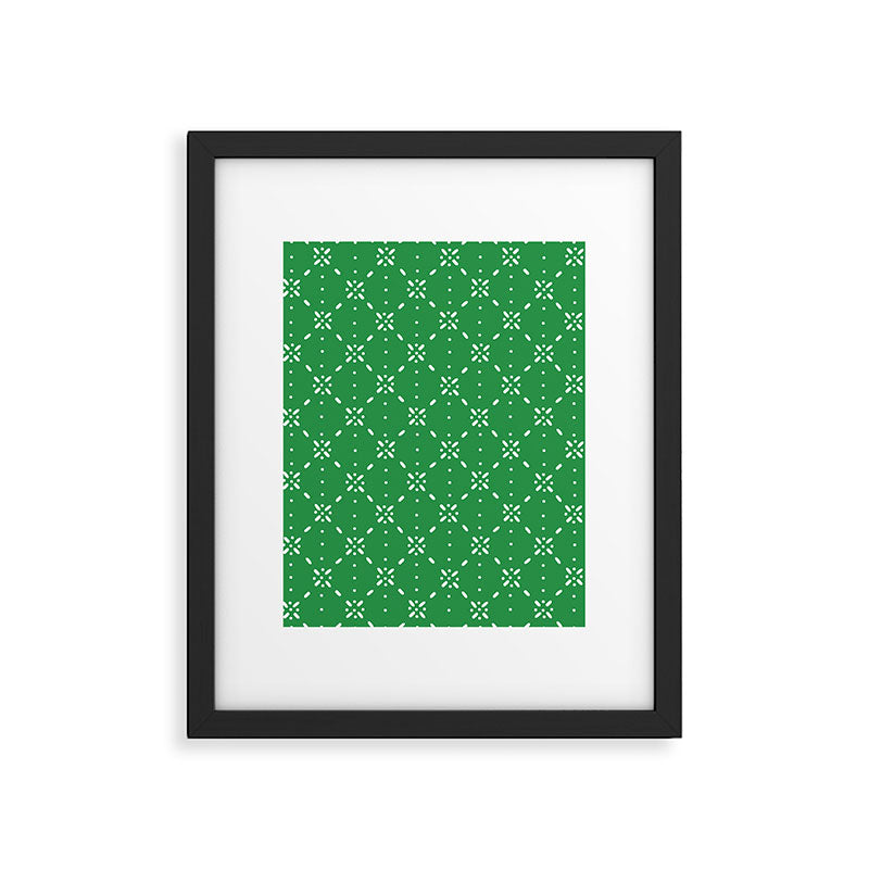 Christmas snowflake vector with simple modern white stitches on green background pattern Framed Art Print Gallery Image 6