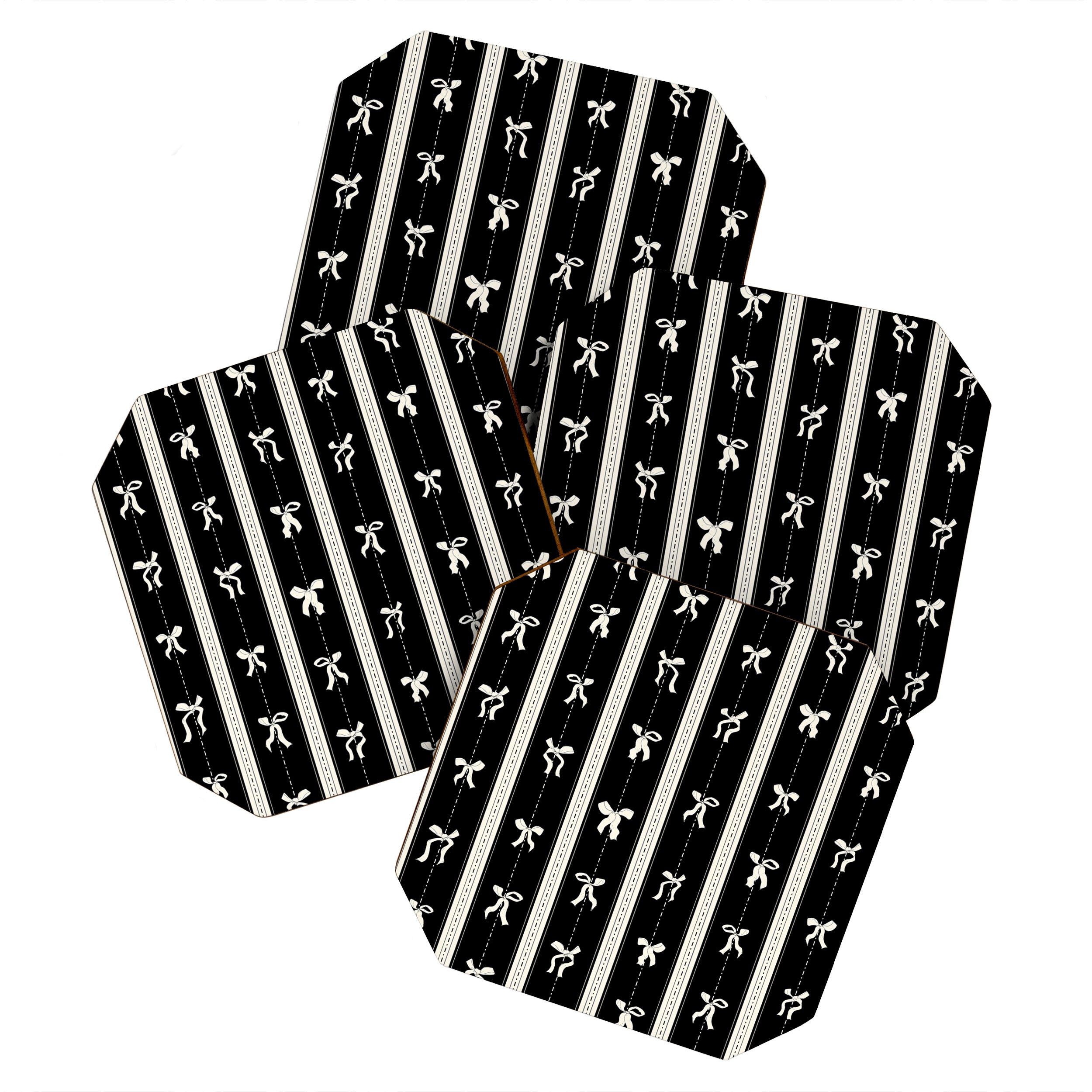 Coquette beige Bows on a black and beige stripes background pattern Coaster Gallery Image 1