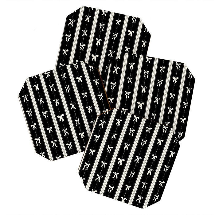 Coquette beige Bows on a black and beige stripes background pattern Coaster Gallery Image 1