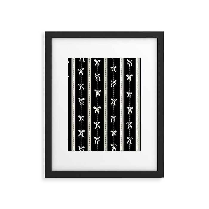 Coquette beige Bows on a black and beige stripes background pattern Framed Art Print Gallery Image 1