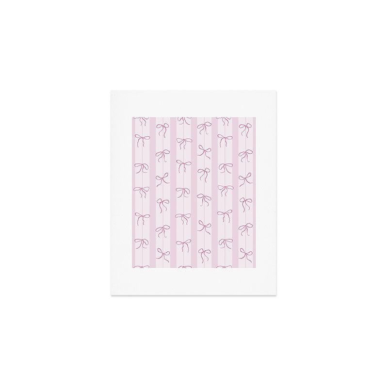 Coquette pink bows on a vertical stripes background Art Print Gallery Image 1