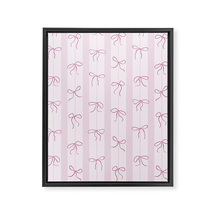 Coquette pink bows on a vertical stripes background Framed Canvas Print Gallery Image 1