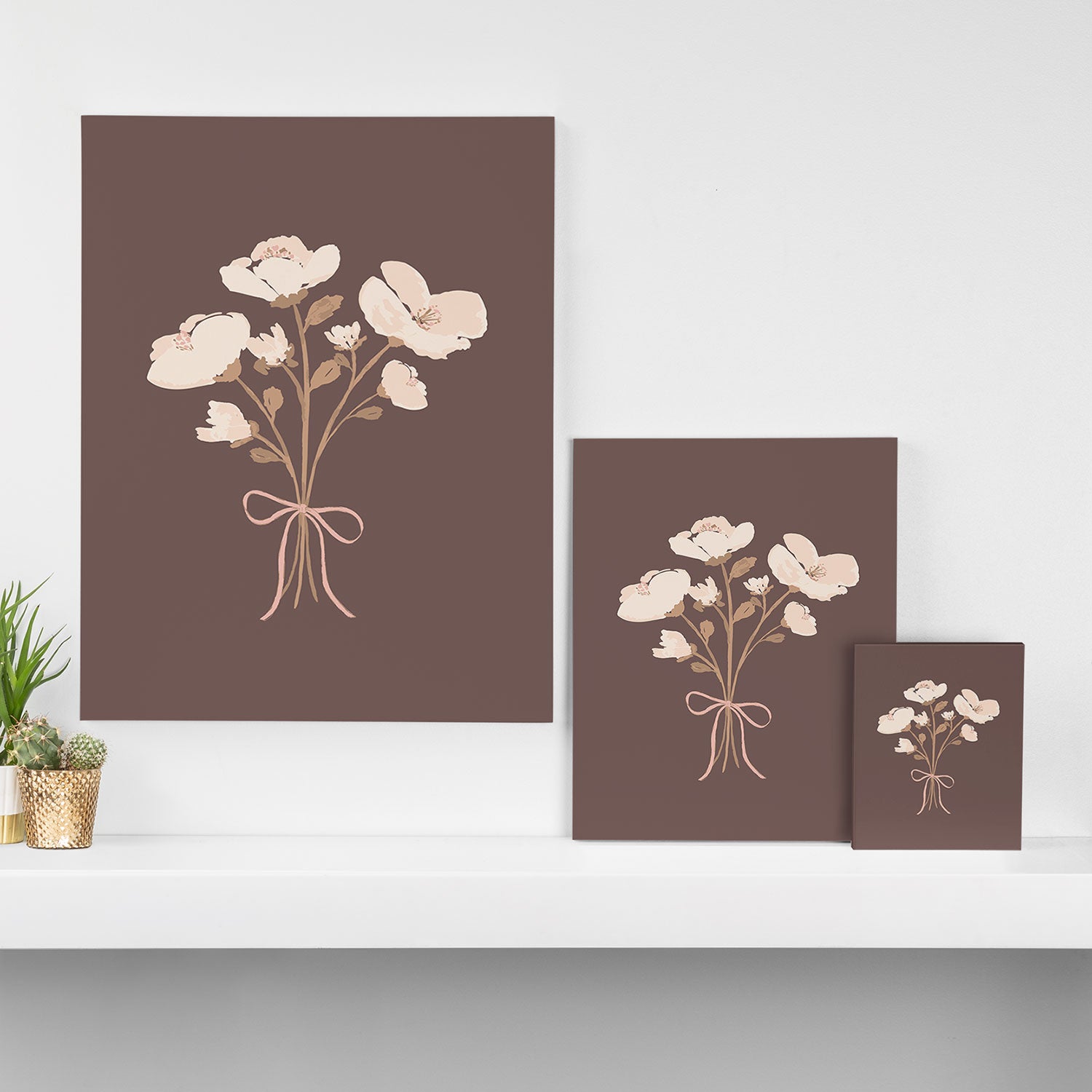 Delicate bouquet of flowers with bow - Peach and mocha copper Canvas Print Gallery Image 3