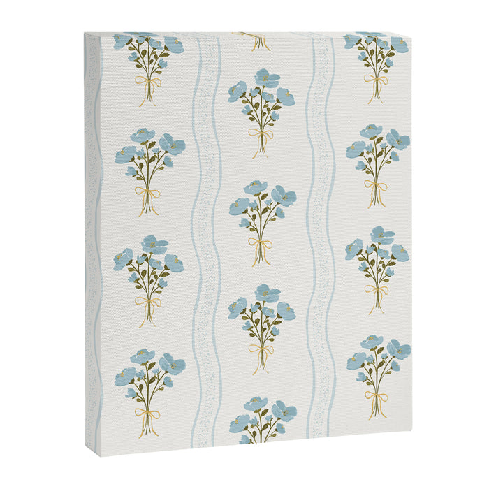 Delicate floral bouquets with vertical stripes - light blue peacock and moss green flowers pattern Canvas Print Gallery Image 1