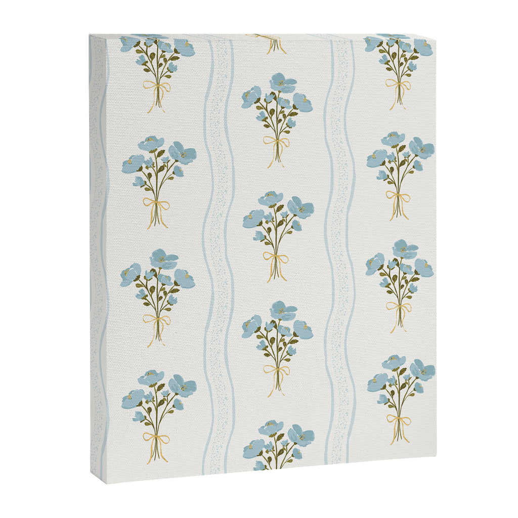 Delicate floral bouquets with vertical stripes - light blue peacock and moss green flowers pattern Canvas Print Gallery Image 8
