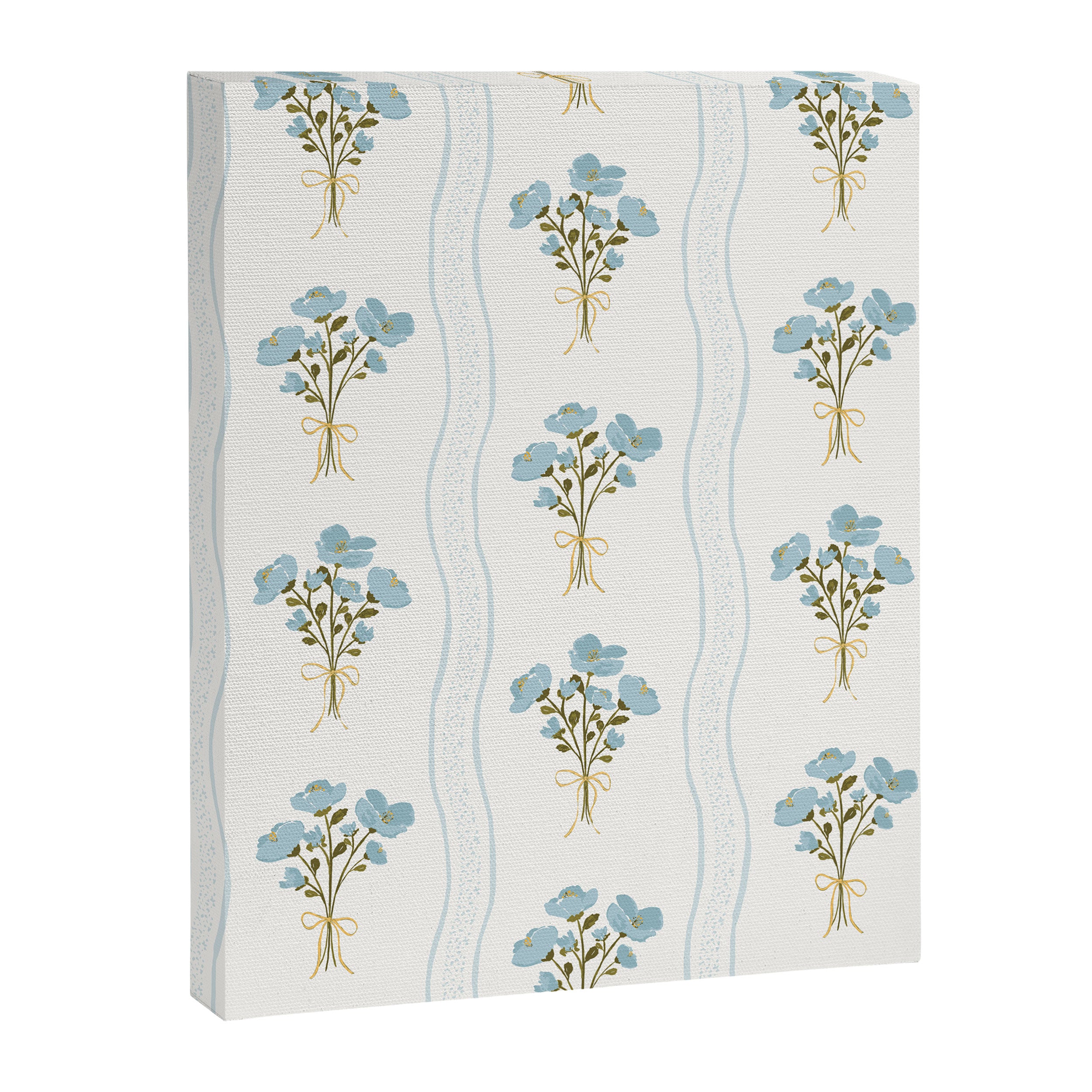 Delicate floral bouquets with vertical stripes - light blue peacock and moss green flowers pattern Canvas Print Gallery Image 8