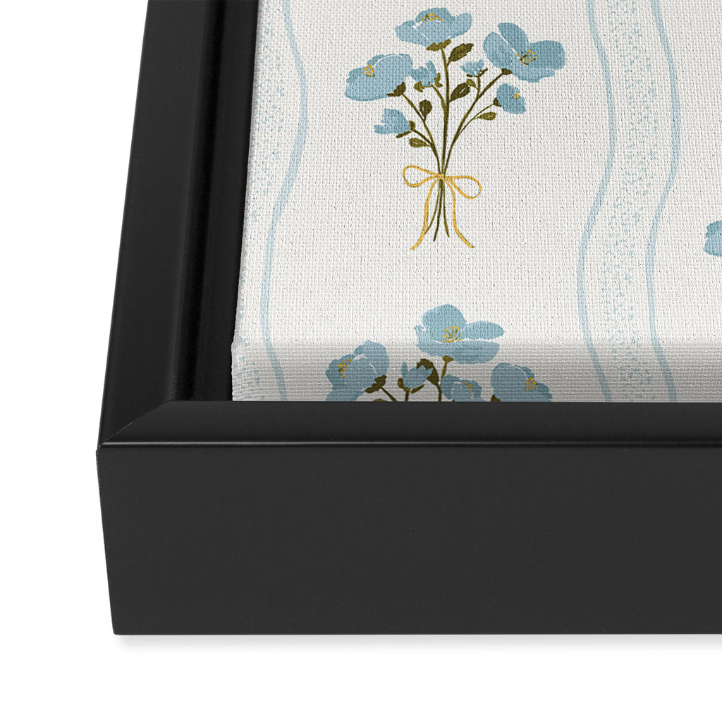 Delicate floral bouquets with vertical stripes - light blue peacock and moss green flowers pattern Framed Canvas Print Gallery Image 3