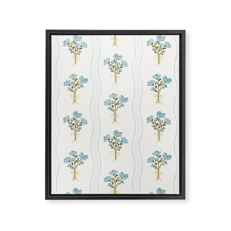 Delicate floral bouquets with vertical stripes - light blue peacock and moss green flowers pattern Framed Canvas Print Gallery Image 8