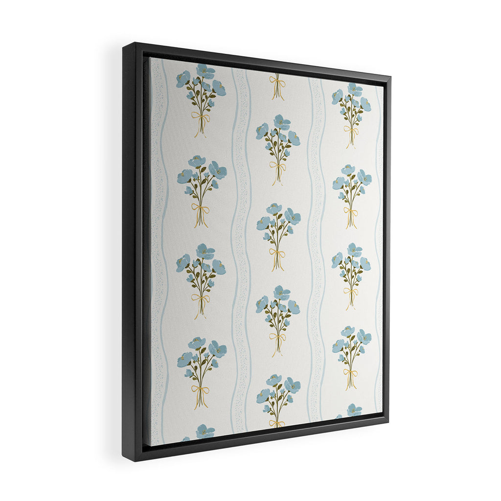 Delicate floral bouquets with vertical stripes - light blue peacock and moss green flowers pattern Framed Canvas Print Gallery Image 2