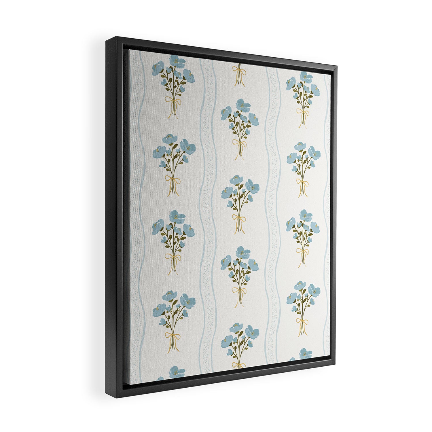 Delicate floral bouquets with vertical stripes - light blue peacock and moss green flowers pattern Framed Canvas Print Gallery Image 2