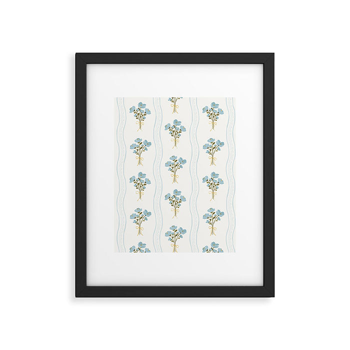 Delicate floral bouquets with vertical stripes - light blue peacock and moss green flowers pattern Framed Art Print Gallery Image 1