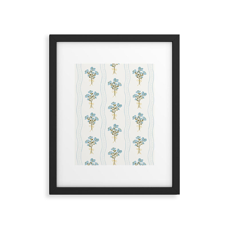 Delicate floral bouquets with vertical stripes - light blue peacock and moss green flowers pattern Framed Art Print Gallery Image 6