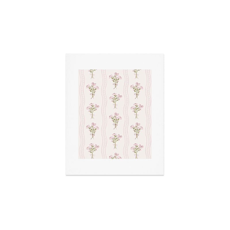Delicate floral bouquets with vertical stripes - Pink and moss green pattern Art Print Gallery Image 1