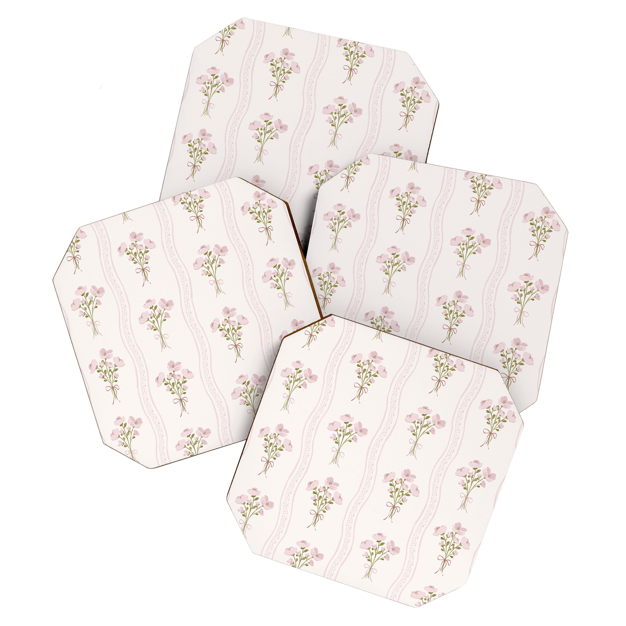 Delicate floral bouquets with vertical stripes - Pink and moss green pattern Coaster Gallery Image 1