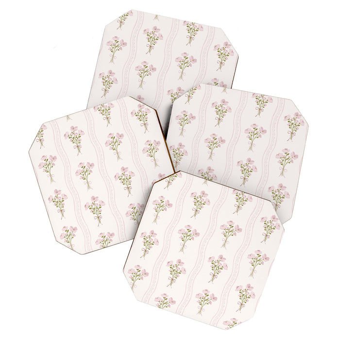 Delicate floral bouquets with vertical stripes - Pink and moss green pattern Coaster Gallery Image 1