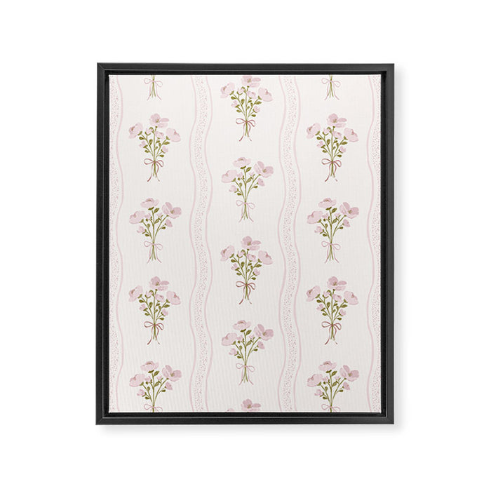 Delicate floral bouquets with vertical stripes - Pink and moss green pattern Framed Canvas Print Gallery Image 1