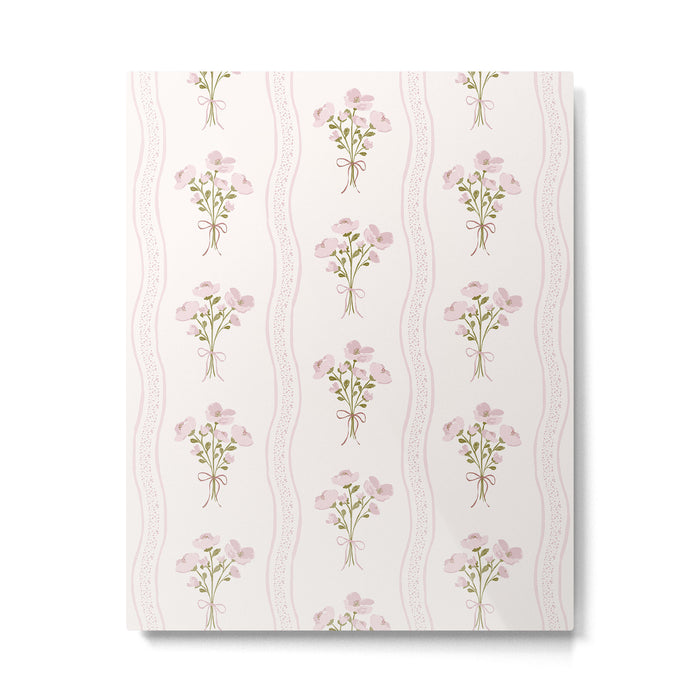 Delicate floral bouquets with vertical stripes - Pink and moss green pattern Metal Print Gallery Image 1