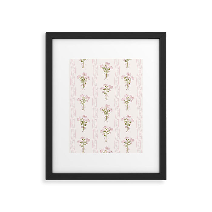 Delicate floral bouquets with vertical stripes - Pink and moss green pattern Framed Art Print Gallery Image 1