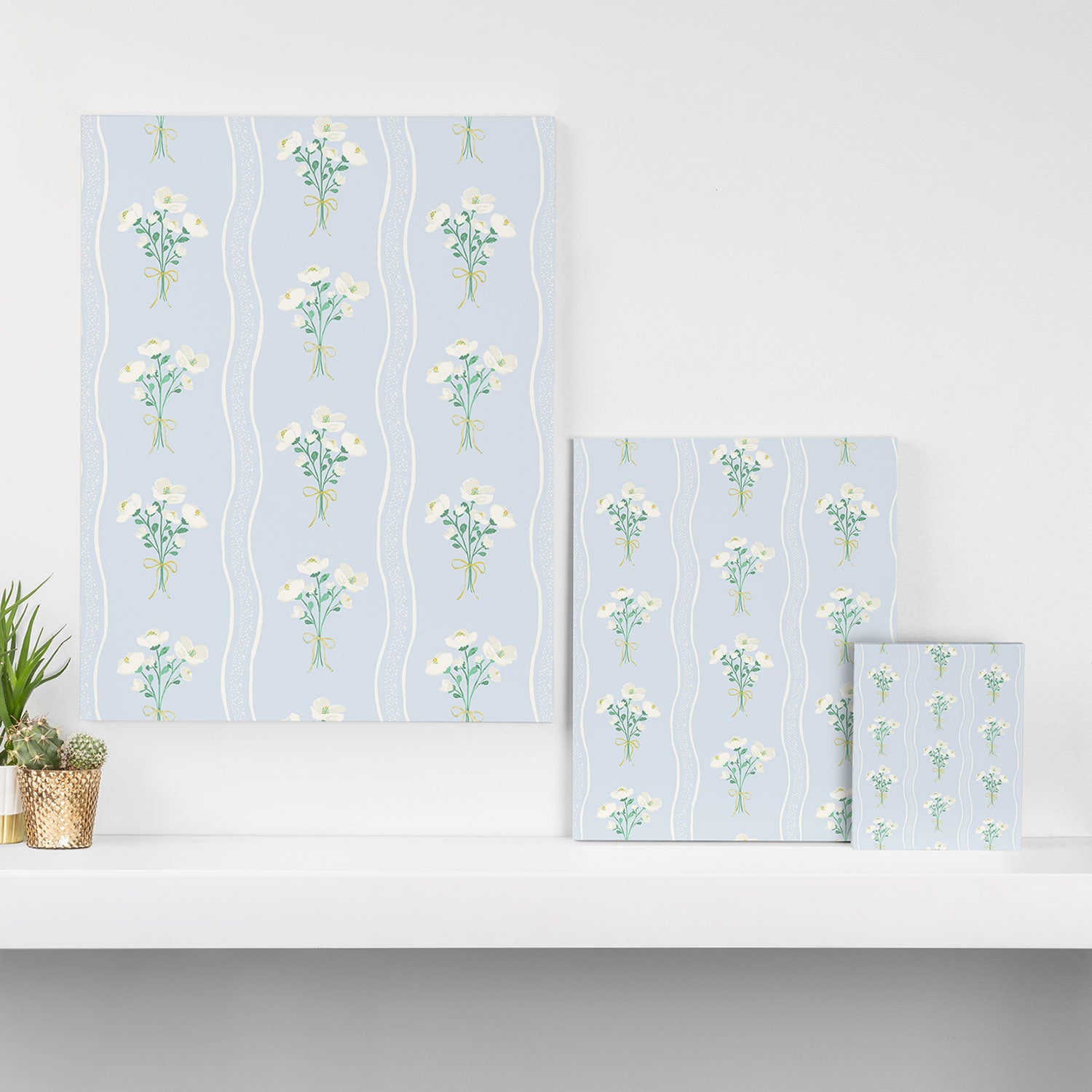Delicate floral bouquets with vertical stripes - white jade green blue pattern Canvas Print Gallery Image 3