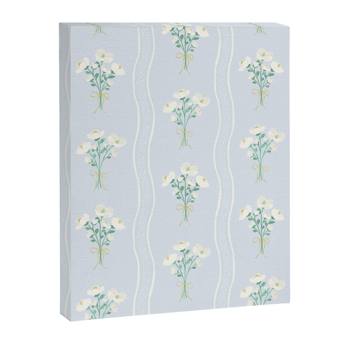 Delicate floral bouquets with vertical stripes - white jade green blue pattern Canvas Print Gallery Image 1