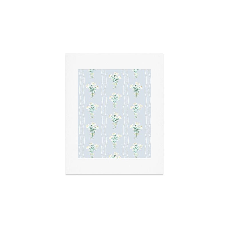 Delicate floral bouquets with vertical stripes - white jade green blue pattern Art Print Gallery Image 1