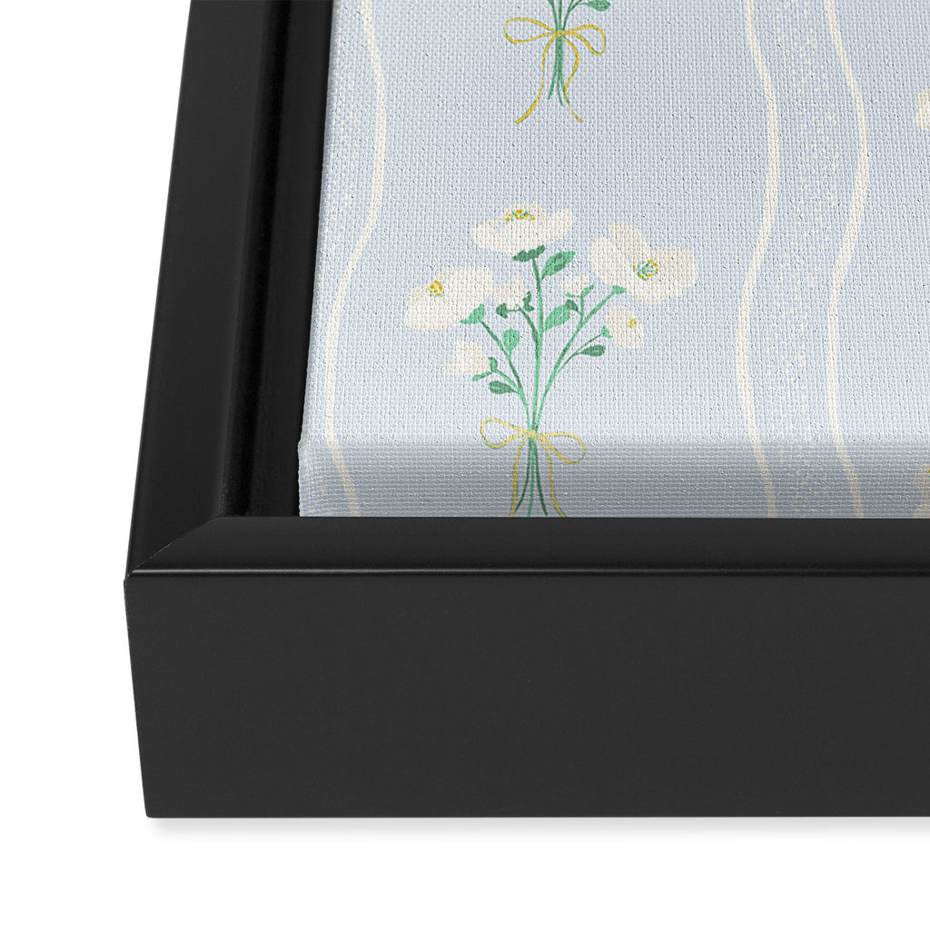 Delicate floral bouquets with vertical stripes - white jade green blue pattern Framed Canvas Print Gallery Image 3