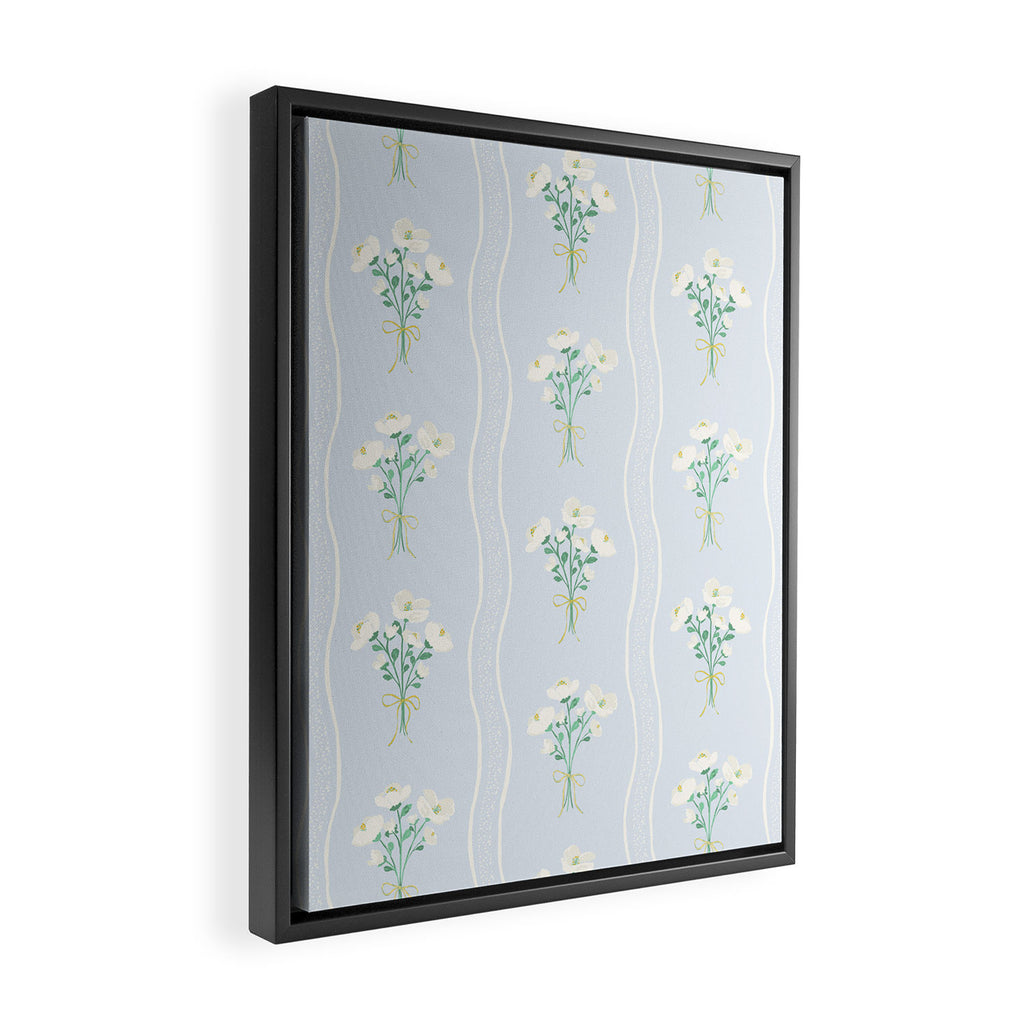 Delicate floral bouquets with vertical stripes - white jade green blue pattern Framed Canvas Print Gallery Image 2