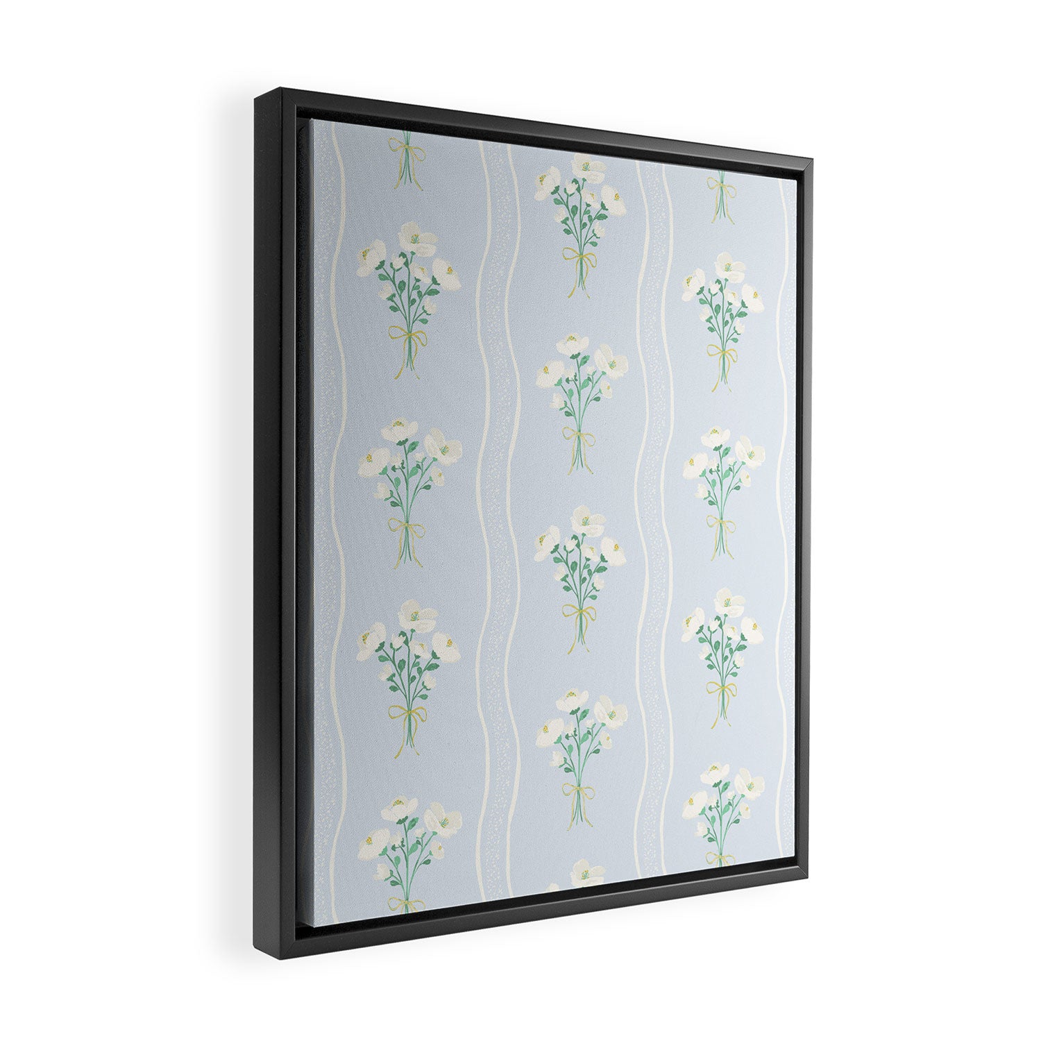 Delicate floral bouquets with vertical stripes - white jade green blue pattern Framed Canvas Print Gallery Image 2