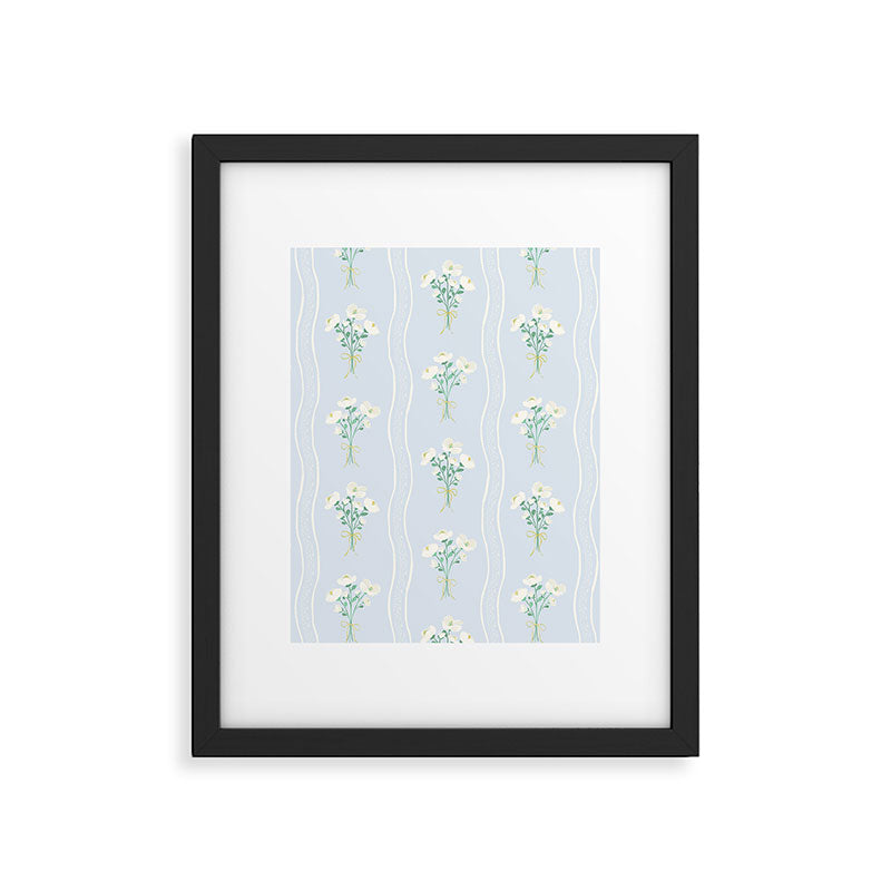 Delicate floral bouquets with vertical stripes - white jade green blue pattern Framed Art Print Gallery Image 1