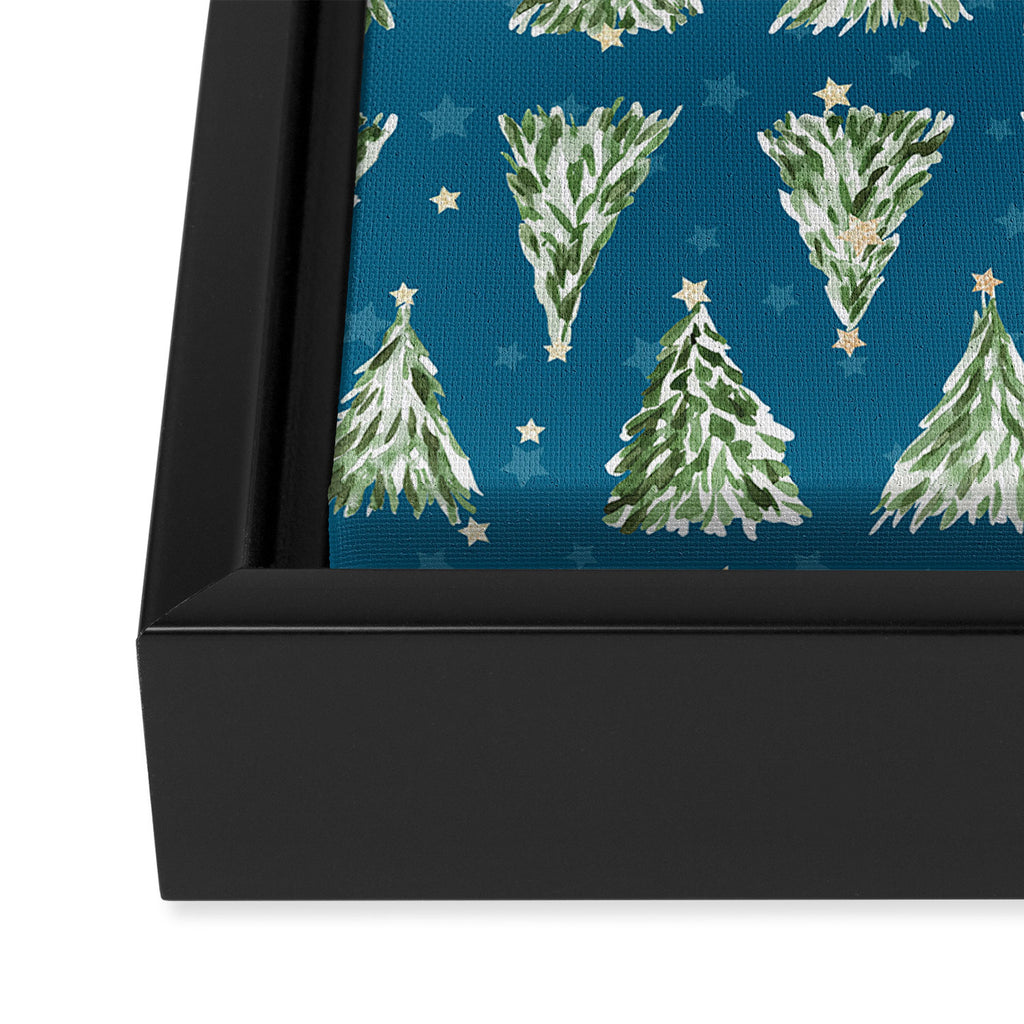 Holiday christmas tree over blue peacock pattern Framed Canvas Print Gallery Image 3
