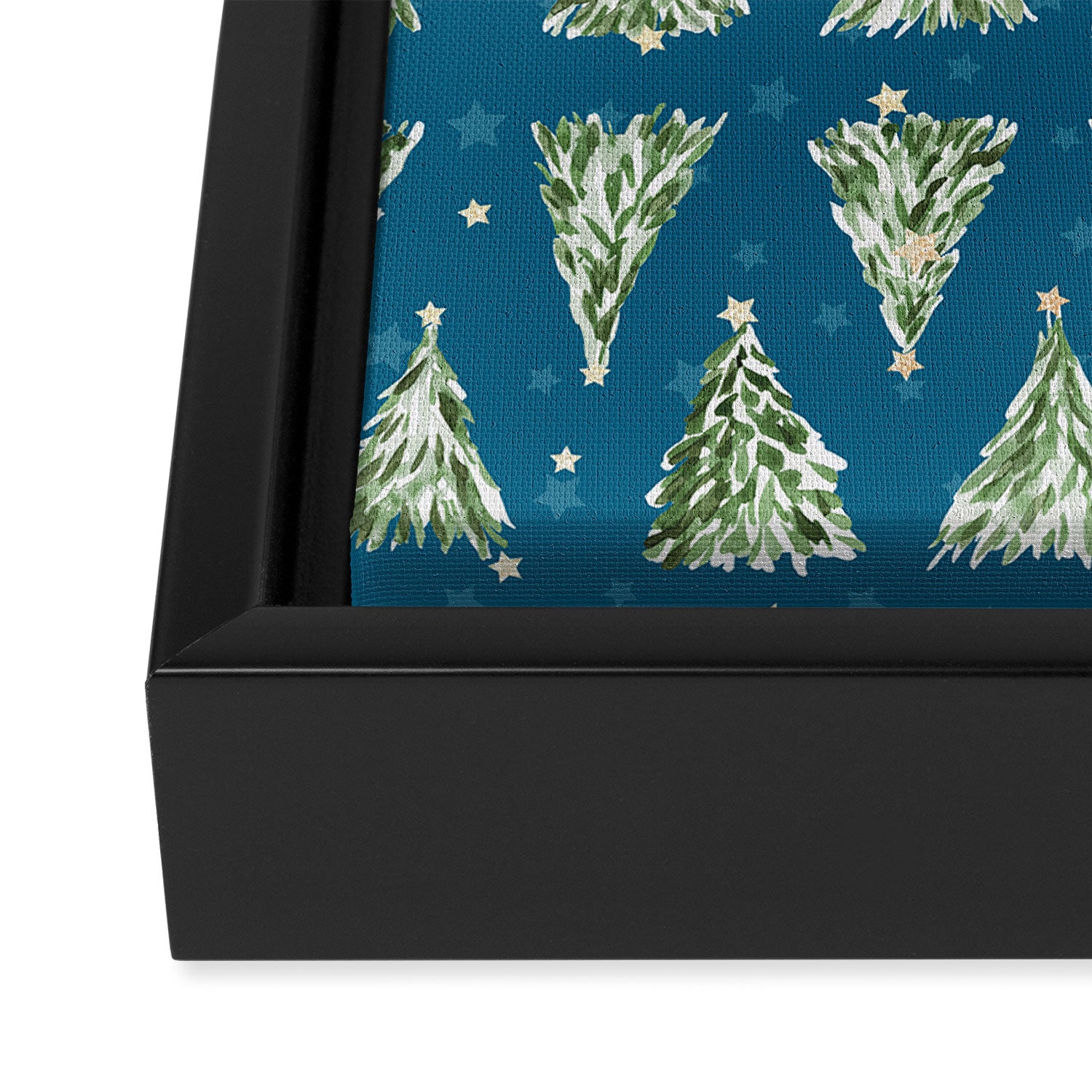 Holiday christmas tree over blue peacock pattern Framed Canvas Print Gallery Image 3