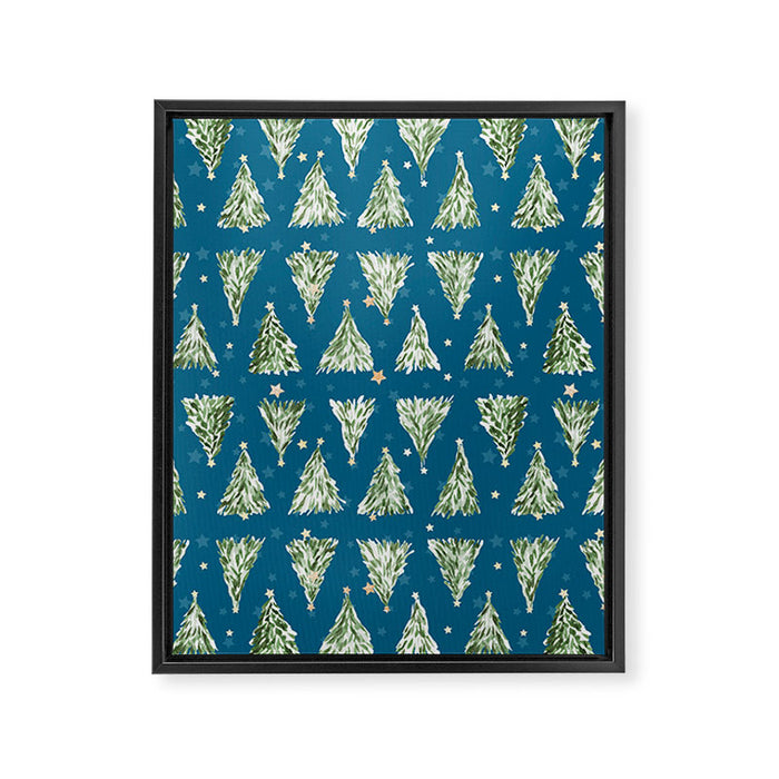 Holiday christmas tree over blue peacock pattern Framed Canvas Print Gallery Image 1