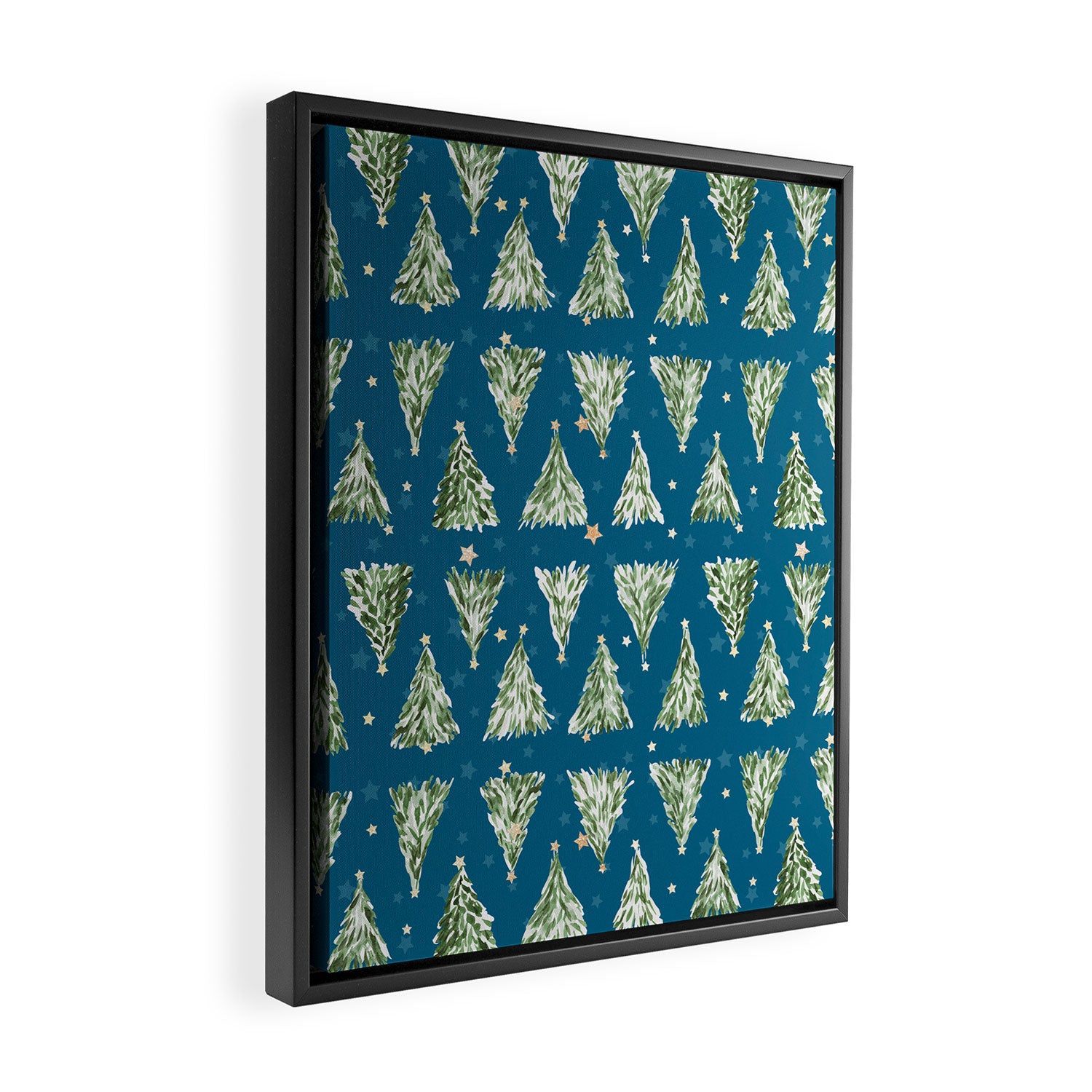 Holiday christmas tree over blue peacock pattern Framed Canvas Print Gallery Image 2