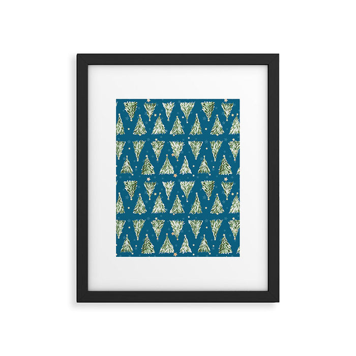 Holiday christmas tree over blue peacock pattern Framed Art Print Gallery Image 1