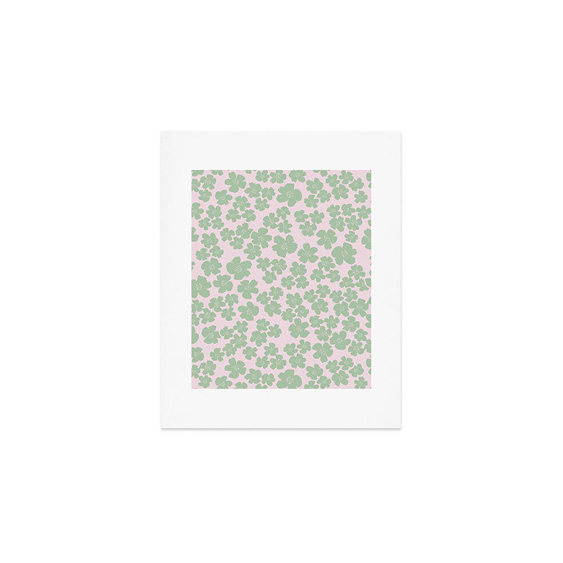 Mint green flower blossom scatter on blush pink Art Print Gallery Image 1