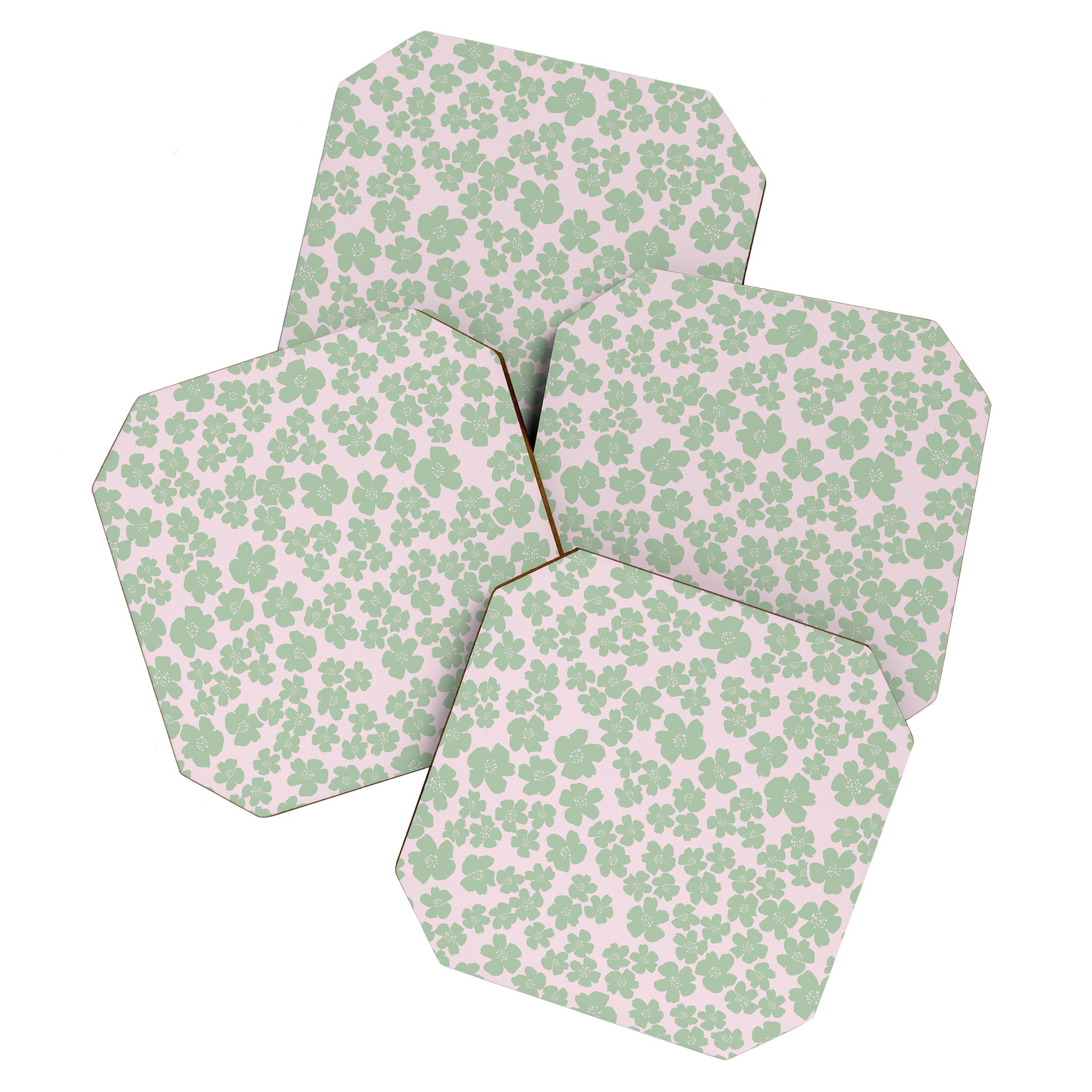 Mint green flower blossom scatter on blush pink Coaster Gallery Image 1