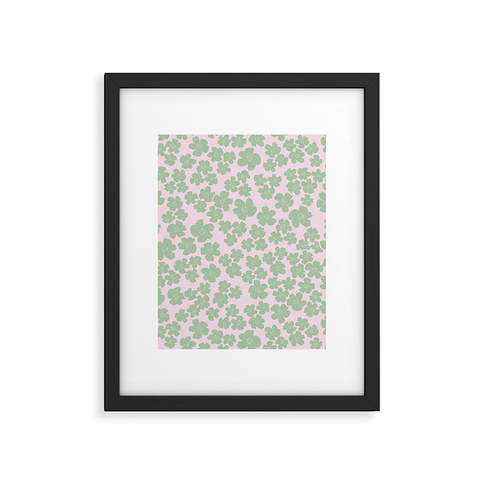 Mint green flower blossom scatter on blush pink Framed Art Print Gallery Image 1