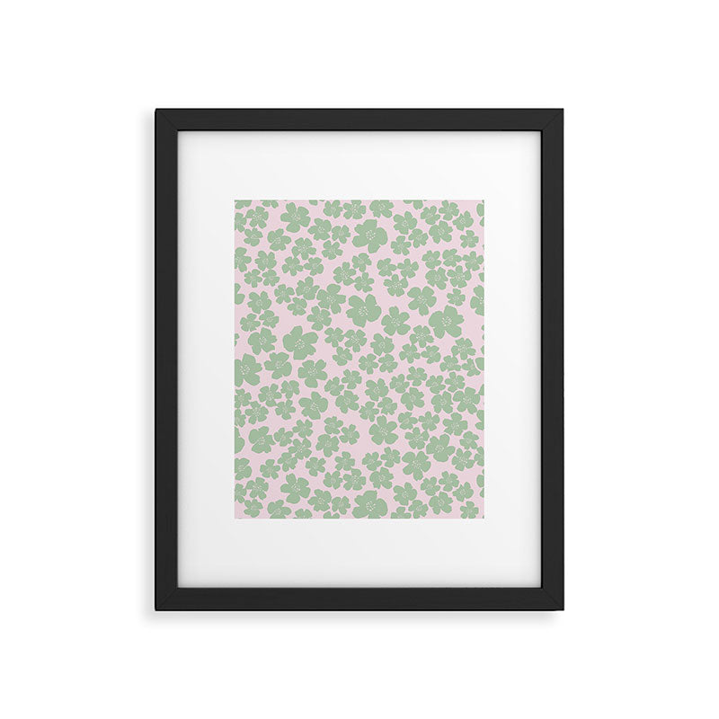 Mint green flower blossom scatter on blush pink Framed Art Print Gallery Image 6