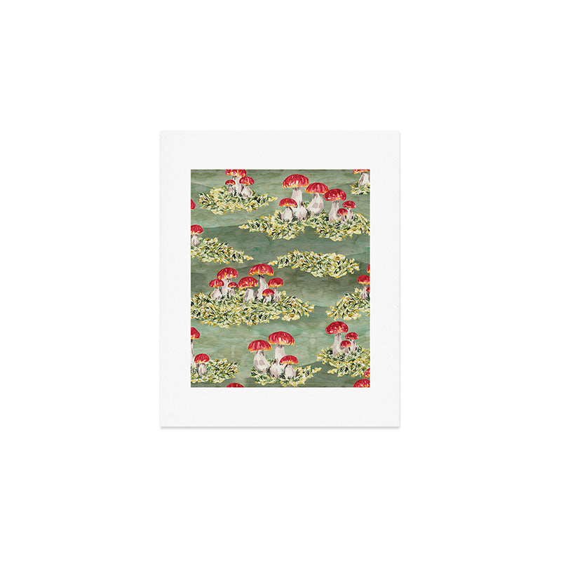 Watercolor moss and mushroom mosaic pattern Art Print Gallery Image 1