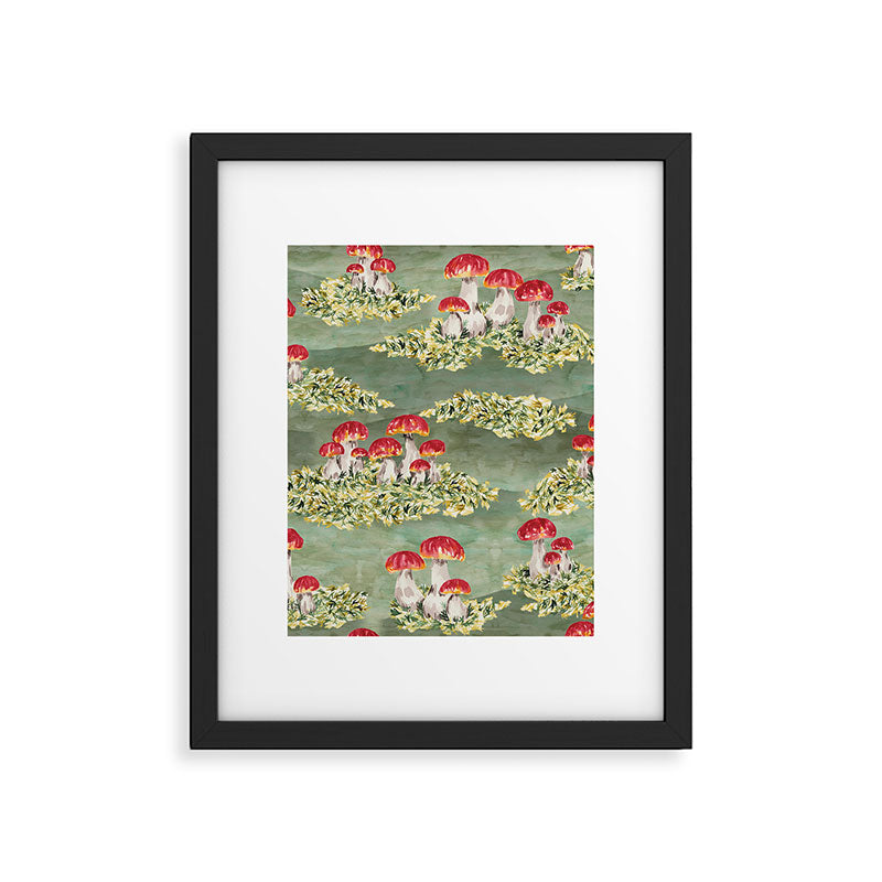 Watercolor moss and mushroom mosaic pattern Framed Art Print Gallery Image 6