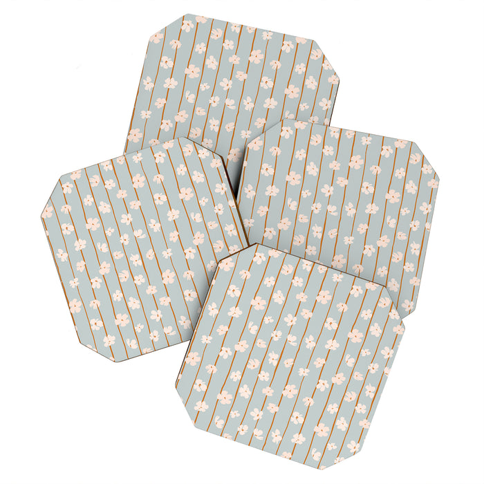Peach flowers on green and orange vertical stripes background pattern Coaster Gallery Image 1