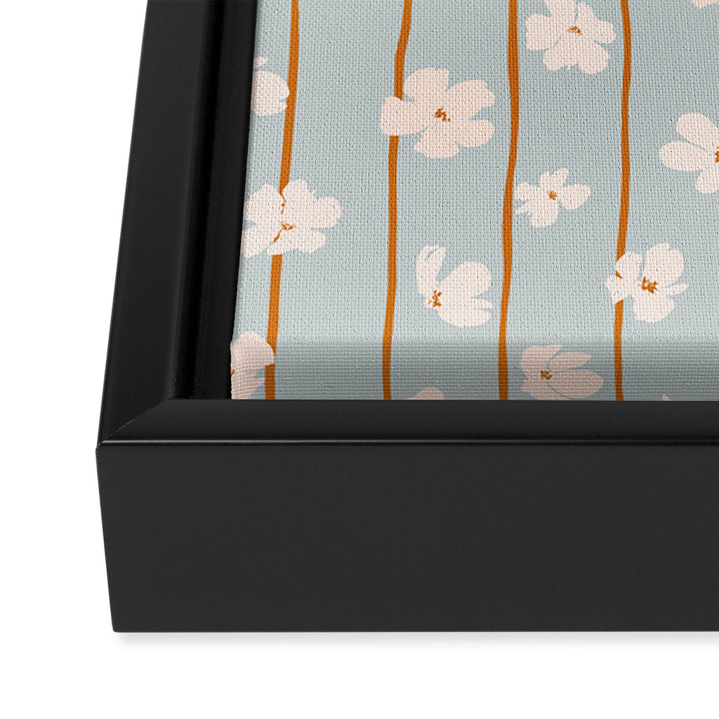 Peach flowers on green and orange vertical stripes background pattern Framed Canvas Print Gallery Image 3