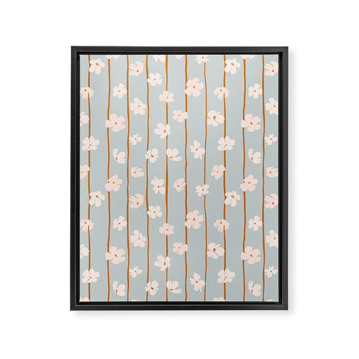 Peach flowers on green and orange vertical stripes background pattern Framed Canvas Print Gallery Image 1
